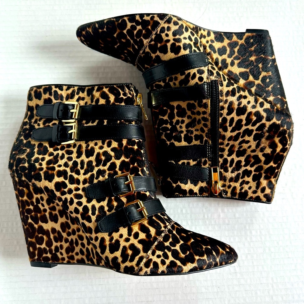 Renvy Leopard Calf Hair Wedge Booties | Black Straps Gold Buckles | Women’s 8M